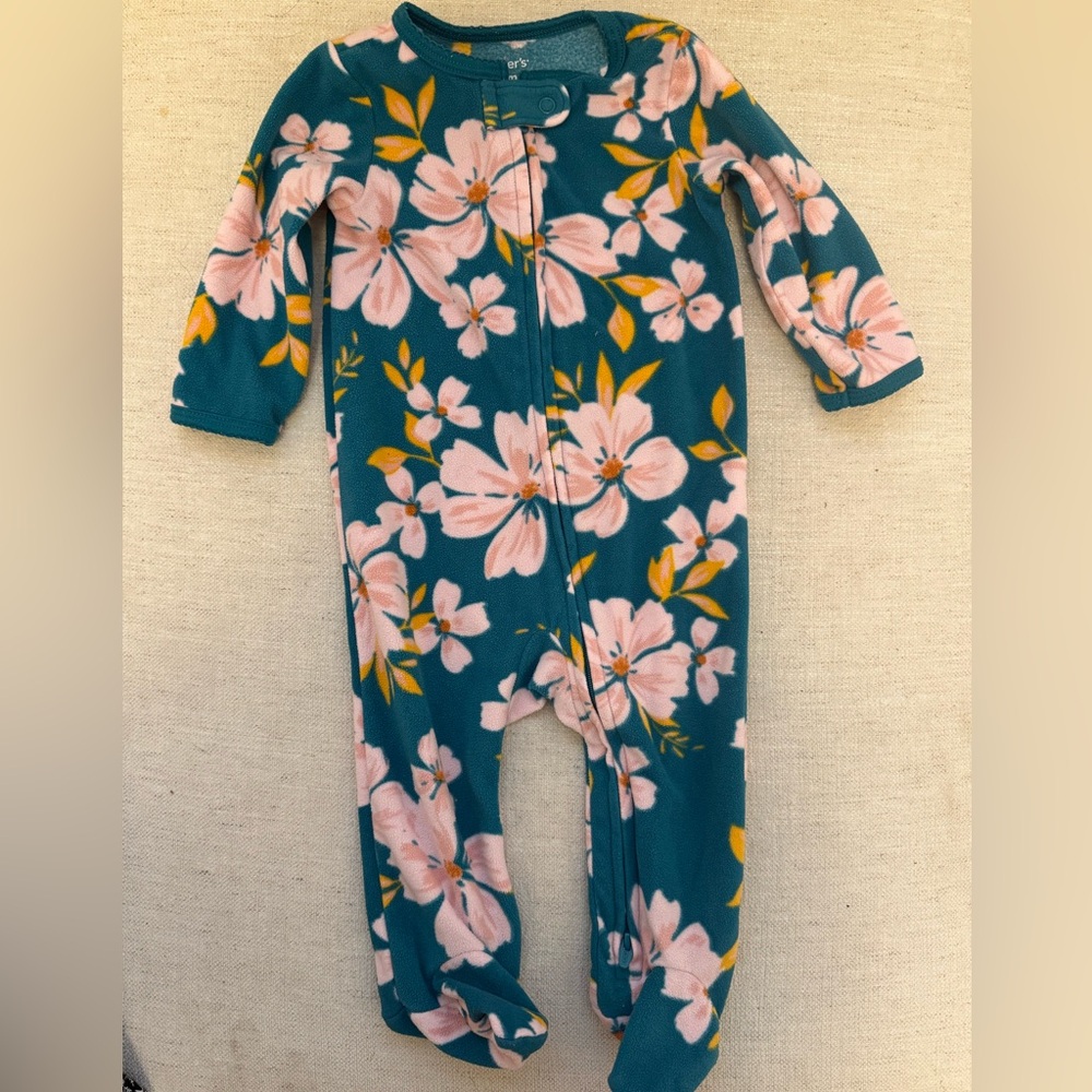 6 Month, Fleece, Carter's Teal and Pink Floral Footie